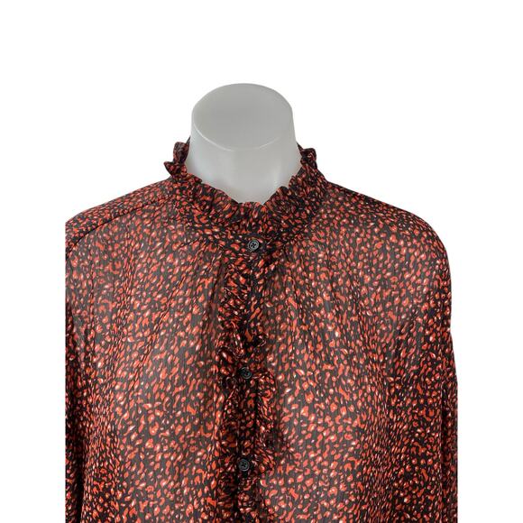 Mango MNG Brown Printed Ruffle Button Up Long Puff Sleeve Sheer Blouse Top Sz 4 - Picture 2 of 6